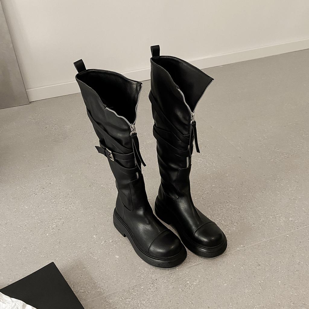 Cowhide Version~ New Platform Boots Women's British Style Knight Boots Retro Fold Autumn and Winter Maillard Locomotive