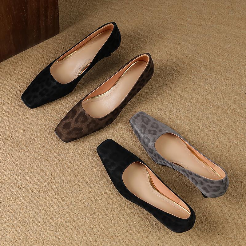 Krazing Pot Cow Skin Summer Autumn Thin Med Heels Party Shoes Women Square Toe Leopard Prints Shallow Pumps