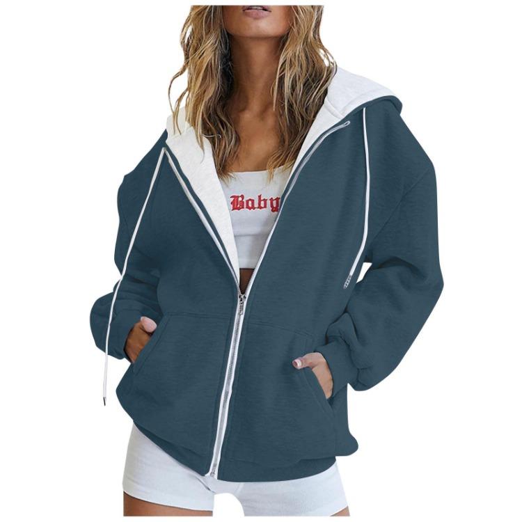 Fashion Hoodie Women Long Sleeve Zipper Hooded Pullover Casual Sweatshirt Solid Color Tops With Pockets