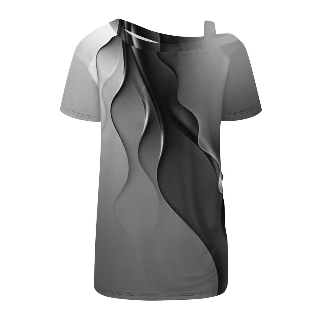 Damen Schulterfreie Tops Plissee Asymmetrischer Ausschnitt Kurzarm Prints T-Shirt Tops