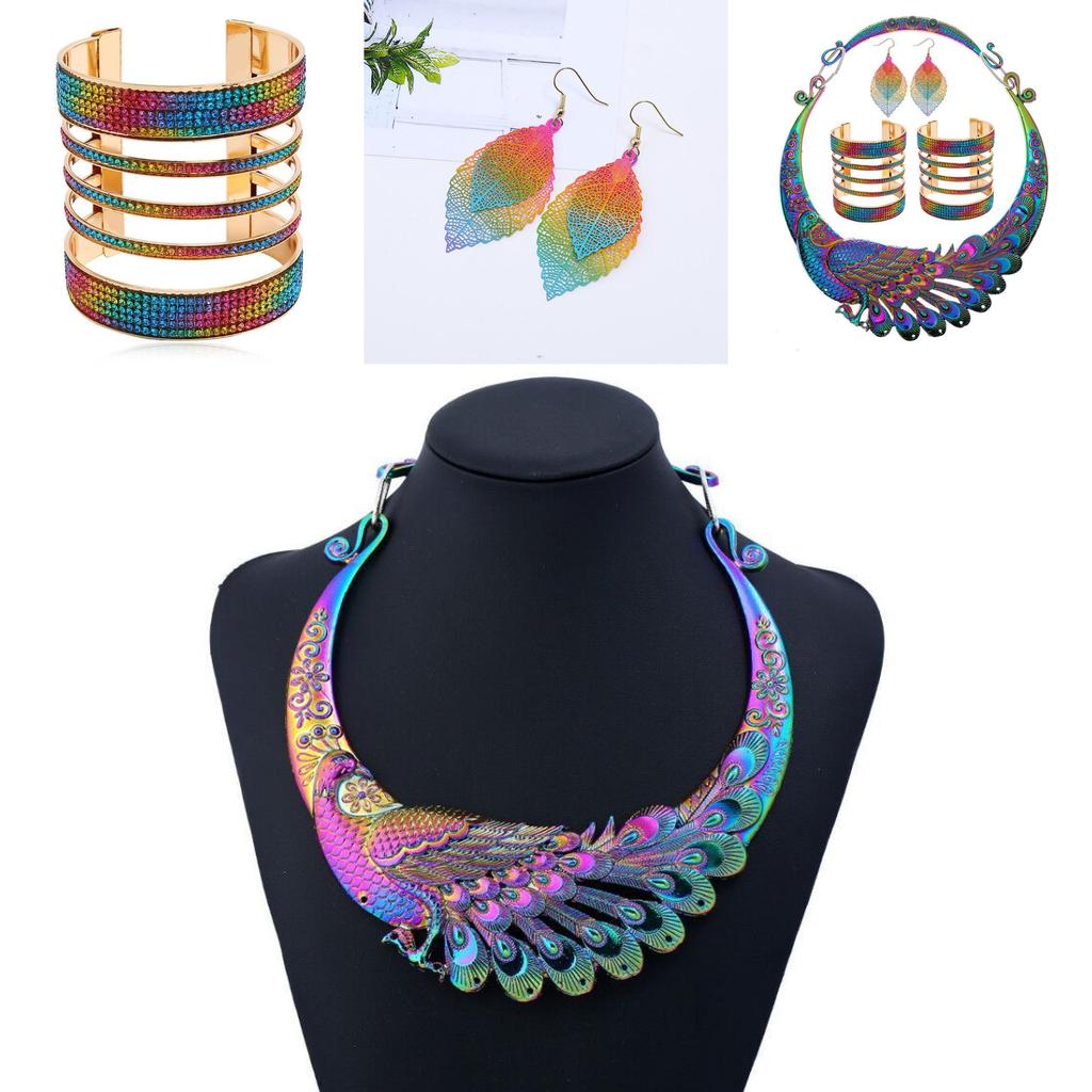 Colorful Necklace Earrings Bracelet Three Piece Set With Peacock Shaped Designss For Gift And Party