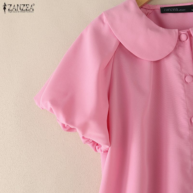 ZANZEA Women Casual Doll Collar Solid Color Short Sleeve Blouse