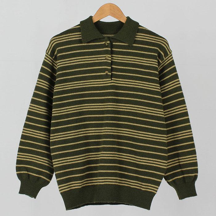 Ppaeppae Collared Loose Fit Striped Knit T-Shirt 3 Colors