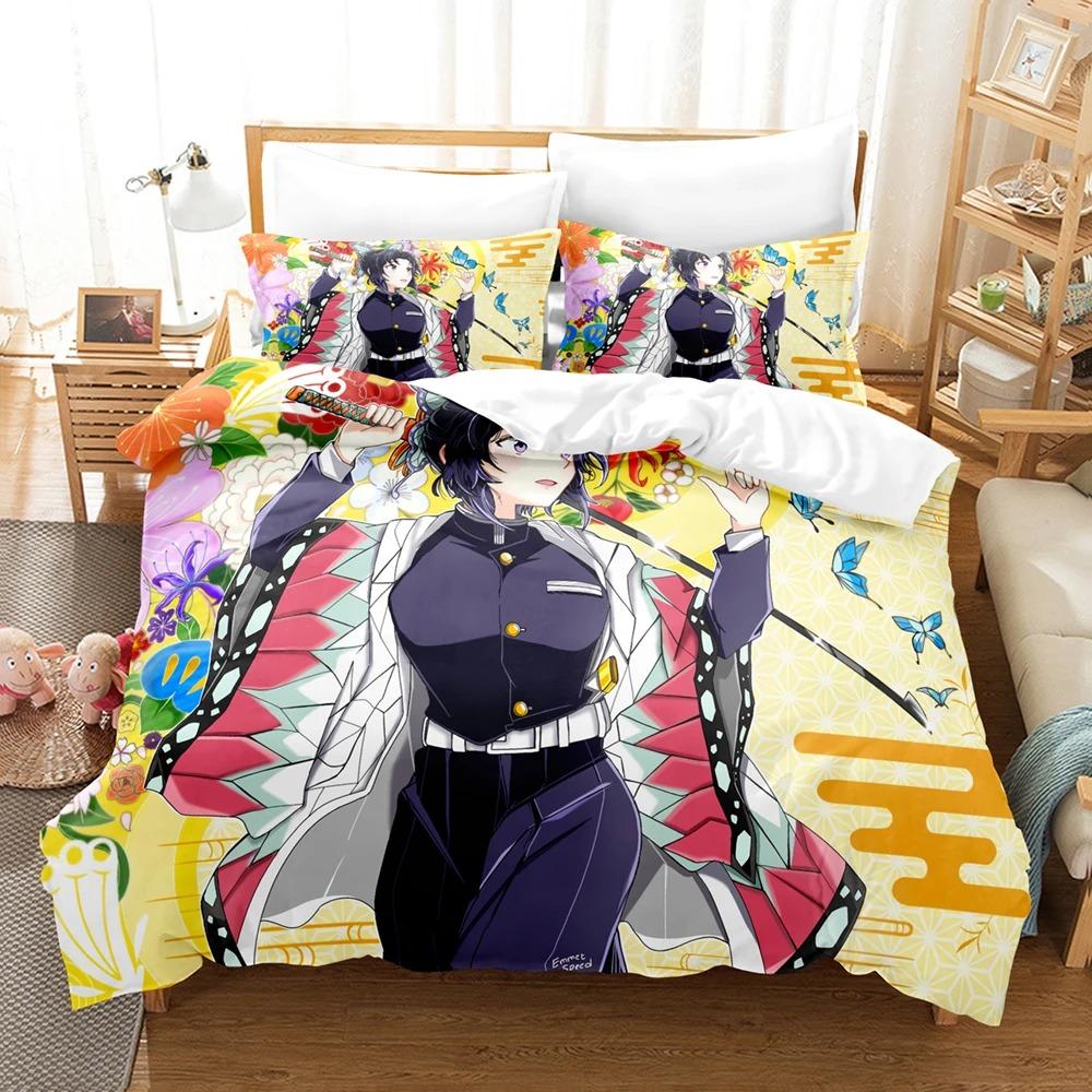 3D Pattern Print Pattern Kochou Shinobu Bed Linen Anime Demon Slayer Bed Ensemble 135x200 Teens Boys Twin Size Single Size Queen Dimension King