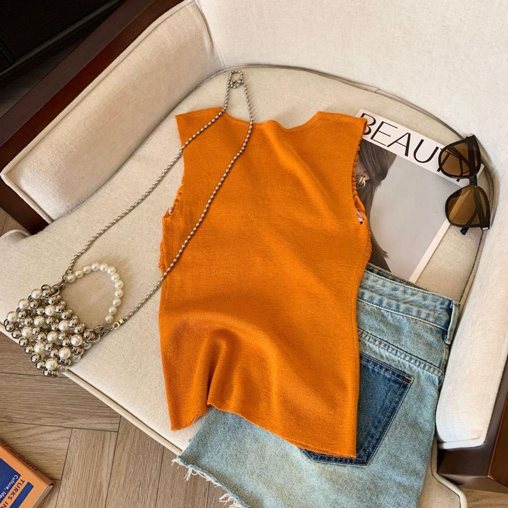 Women's Pink Bow V-neck Knit Vest, Summer Style Pleated Camisole, Super Stylish Sleeveless Top