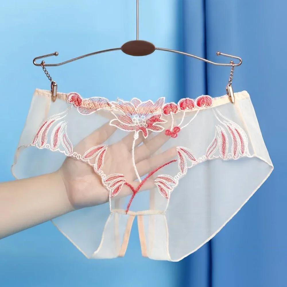 Women Plus Size Lace Sexy Transparent Underwear Floral Mesh Comfort Sheer Crotch Slit Traceless Briefs Panties Women's Briefs