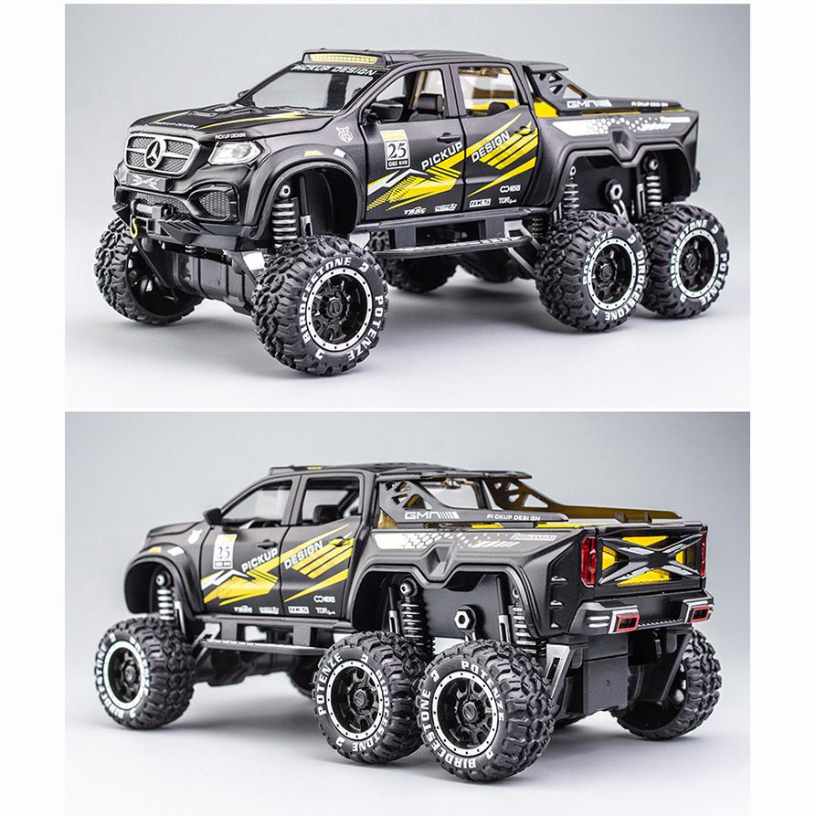 1/24-skala X-klasse 6x6 terrenggående DieCast Metal-modellbiler, pickup Monster Trucks Leketøy Remontert modellbil med lyd og lys for barn fra 3 år og oppover