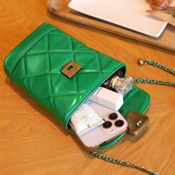 Fashionable Genuine Leather Chain Phone Bag,-style 2025 New Model, Diamond Pattern with Gemstone and Small Gold Ball