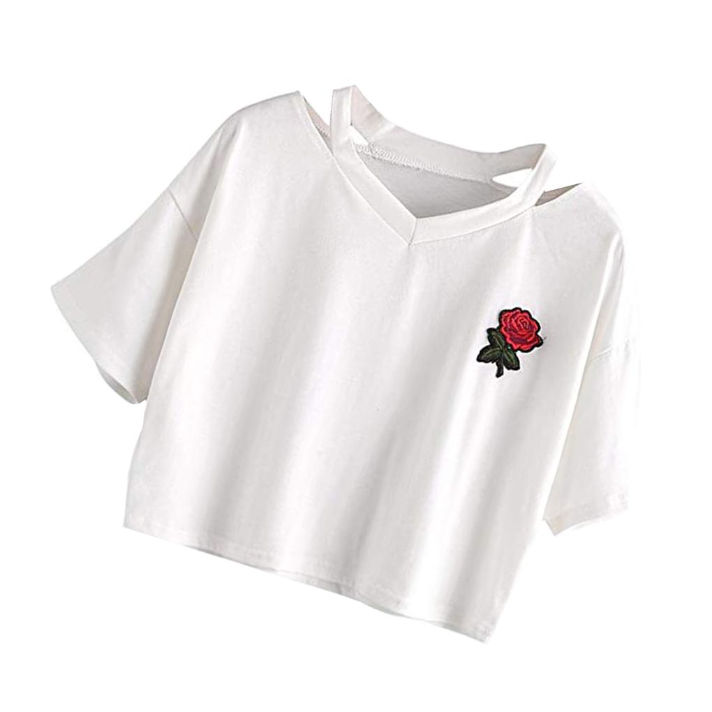 Women V\-neck Embroidered Rose Short T\-Shirt Ladies Top Girls