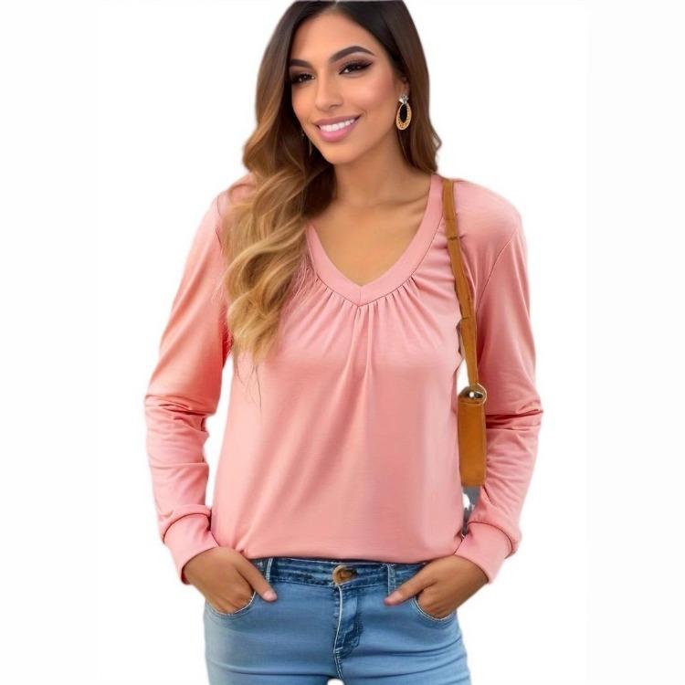 Casual Pleated V Neck Long Sleeve Blouses for Women Spring Summer