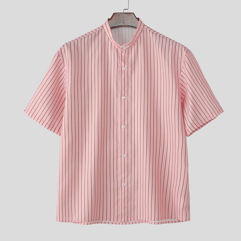 INCERUN Men Short Sleeve Henley Shirt Striped Loose Casual Tops