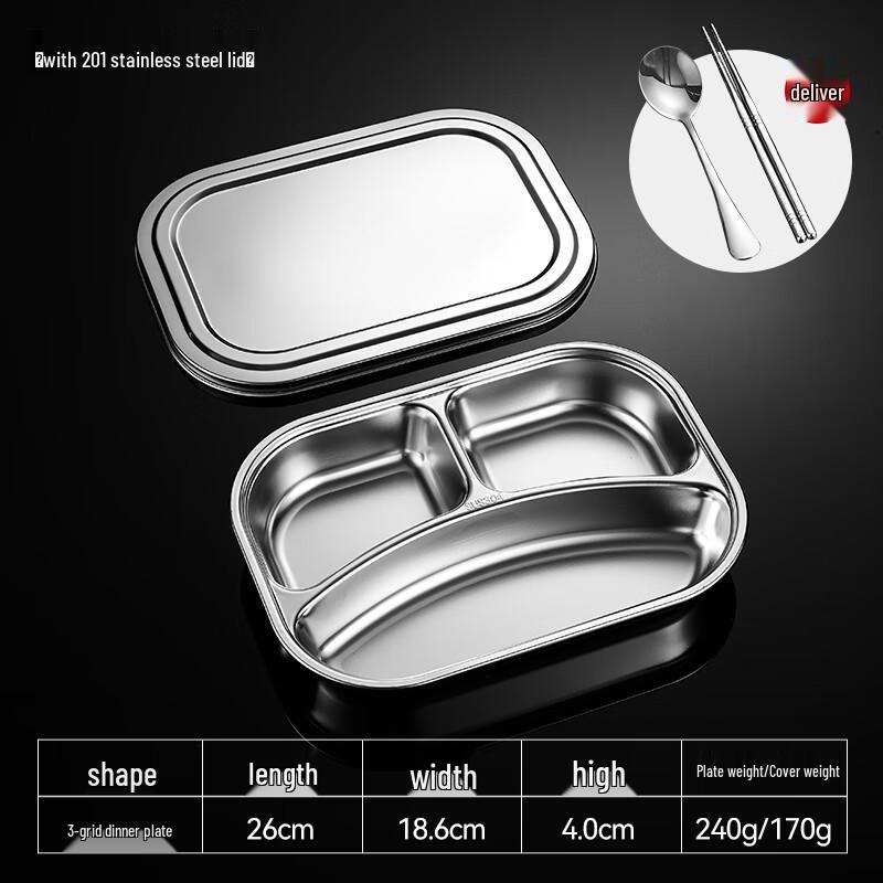 Food-Grade 304 SS European 3-Compartment Tray with 201 Lid