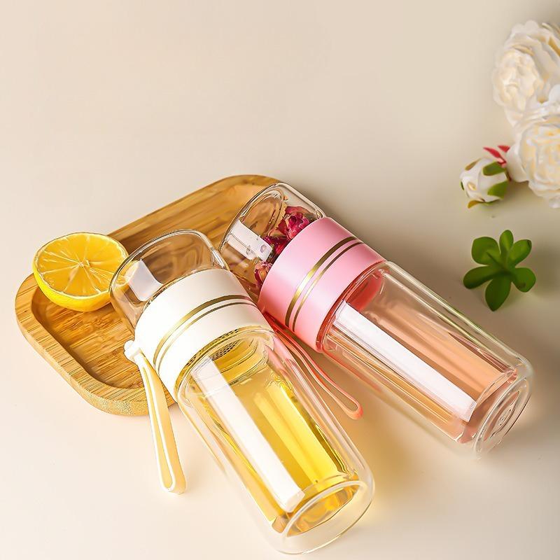 High Borosilicate Glass Tea Water Bottle Double Layer Tea Water Cup Infuser Tumbler Drinkware Water Bottle with Tea Filter