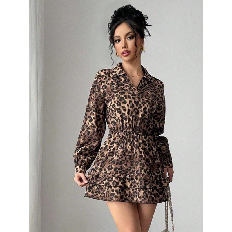 Women's 2026 Spring Winter Leopard Print Satin Dress with Elastic Waist and Slimming Effect