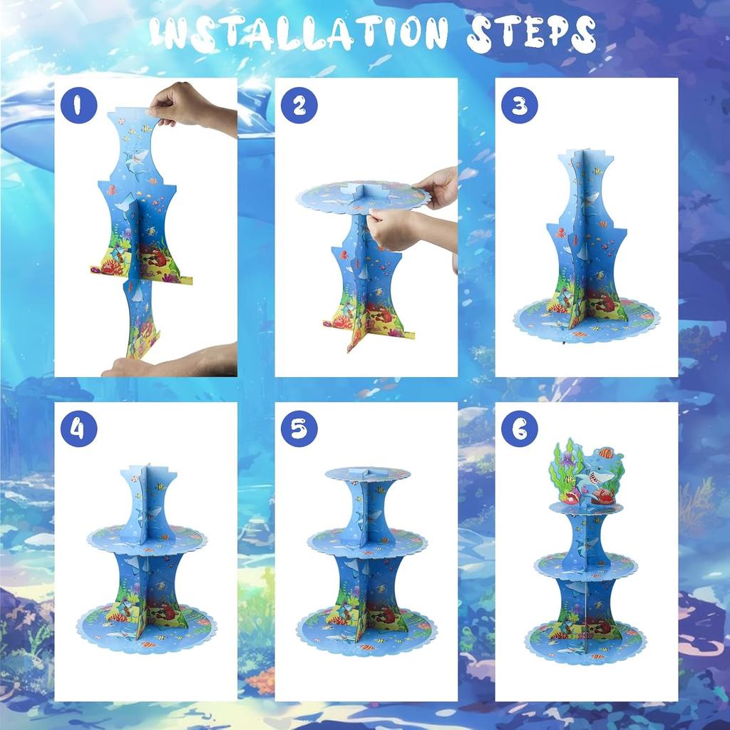 Under The Sea 3 Tiers Cupcake Holder Ocean Shark Cake Stand Birthday Party Decorations Dessert Cupcake Fish Beach Party Baby Shower Supplies