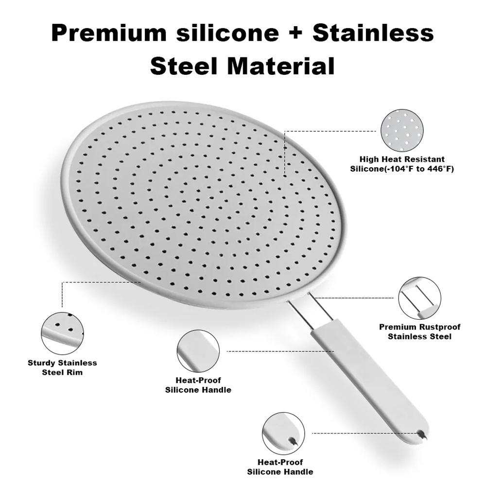 Silicone Splatter Screen with Handle Heat-resisting Oil Splash Guard Drain Board Cover Kitchen Frying Pan Lid Cooking Tools