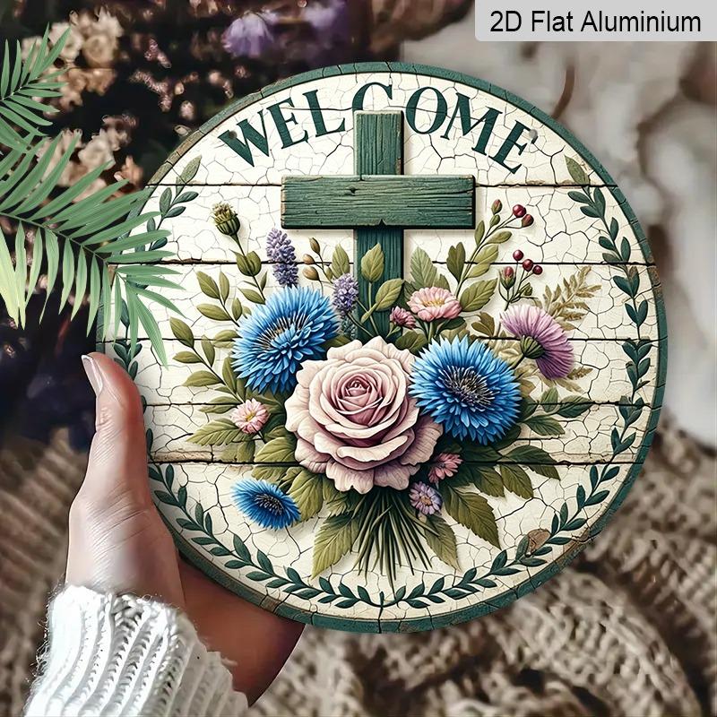 2D Flat Christian Cross Floral Welcome Doorplate, Aluminum Decorative Sign and Plaque, Various Sizes. Country Farmhouse Hanging Door Decoration