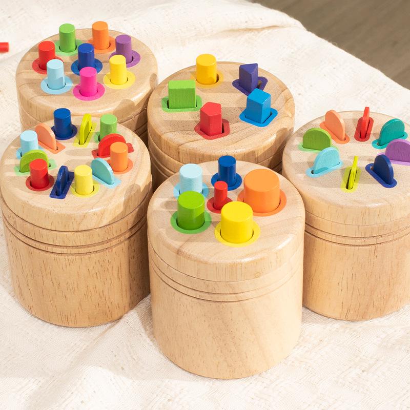 Drewniany cylinder Montessori do sortowania kształtów - Zabawka do rozpoznawania kolorów dla małych dzieci