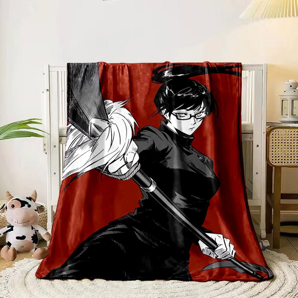 

Dynamic anime-style character wielding a scythe against a red background. for all seasons blanket lunch break throw gift 80cm x 120cm