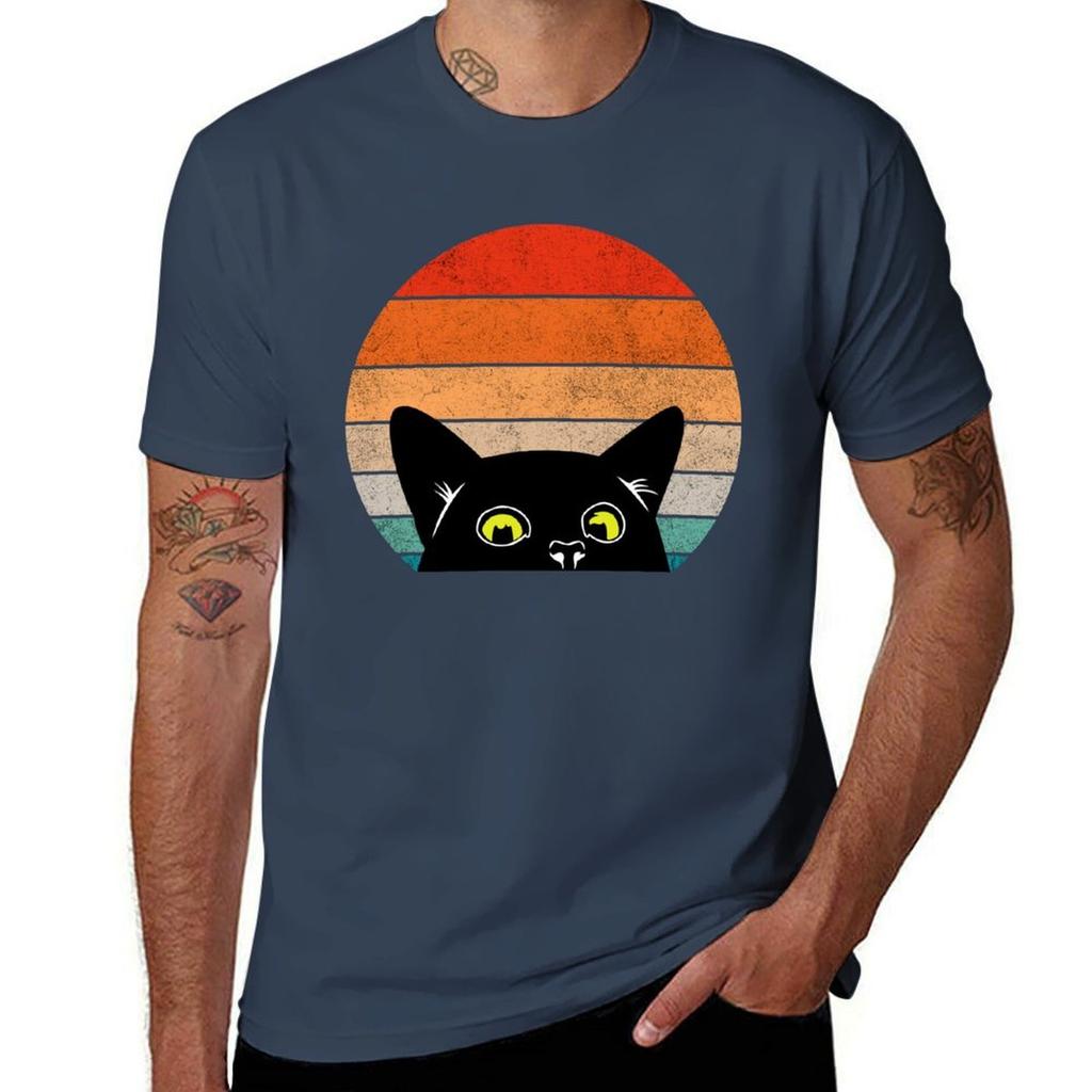 Vintage Retro Style Peeking Black Cat Tshirt Fashion Casual Short Sleeve Top