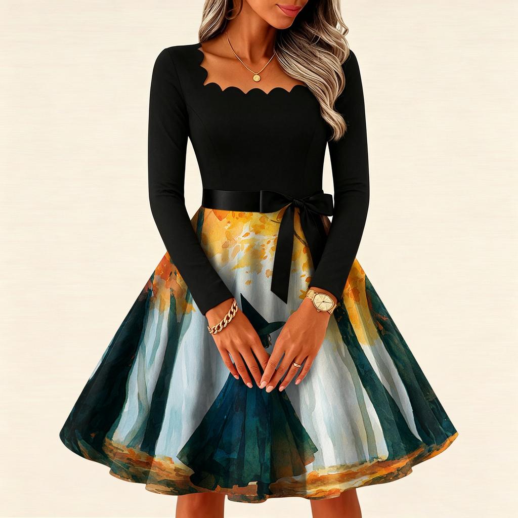 Women's Vintage Long Sleeve Square Neck Halloween Printed Party Dress for Evening Wear