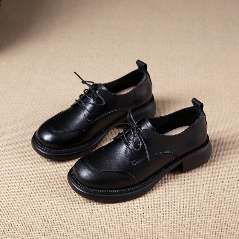 First Layer Cowhide Loafers Women's Spring and Autumn New Models One-pedal British Style Lace-up Work Small Leather Shoes Women's Shoes