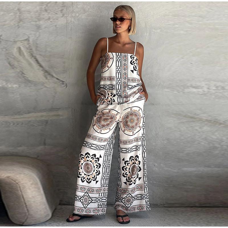 Vintage Print Strap Vest Pants Set Women Sleeveless Backless Tube Top Wide Leg Loose Trousers Female 2025 Fashion Holiday Suit