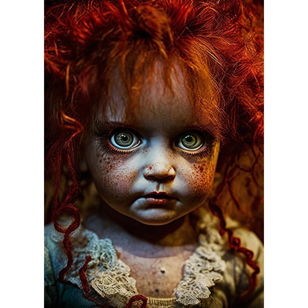 Vintage Gruselige Puppe Poster Blondes Haar Rissiges Gesicht Gotische Verfluchte Puppe Drucke Leinwandbild Wandbild Heim Wohnzimmer Dekor