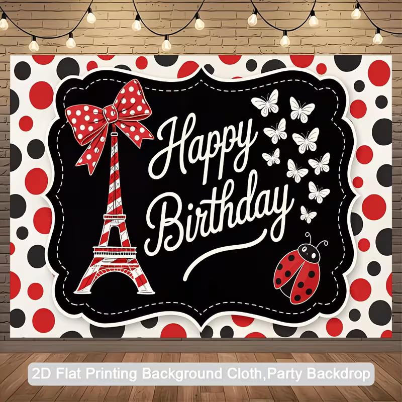 2D Pariser Marienkäfer Geburtstag Hintergrund, Rotes Schwarzes Punktmuster Banner, Geburtstagsparty Dekoration