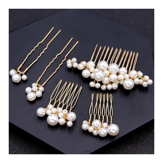 Pearl Hair Pins and Combs Set - Bridal Wedding Hair Accessories for Formal Events, Photography, and Everyday Wear (Gold, 5 Pieces)