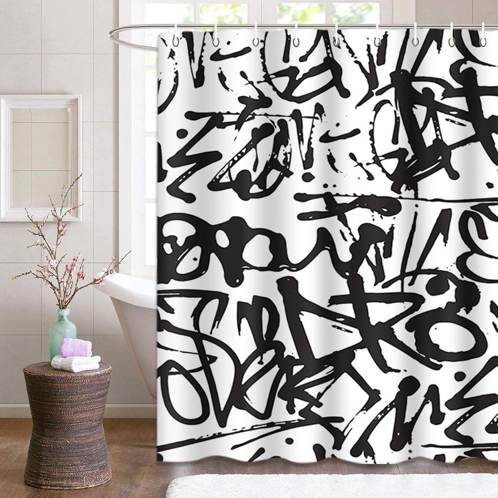 Duschdraperi med graffiti- och abstrakt tryck Vintage Old School Svart Polyestertyg Badrumsgardin Med Krok