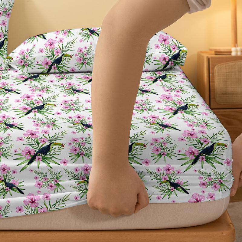 1 Simple Modern Plant Flower Animal Printed Matte Fitted Sheet, Bedroom Printed Bed Cover, Bedding (Excluding Pillowcases)