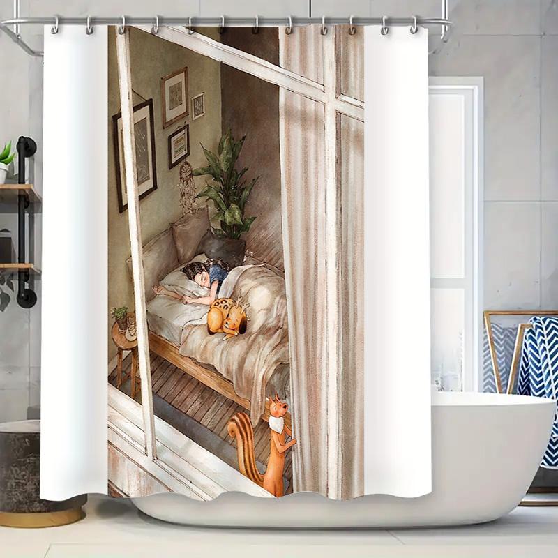 

Cute Cat Sleepy Kitten Bathroom Shower Curtain Woodland Animal Pet Lover Decor Waterproof Fabric W60H190(CM)-1 Pcs