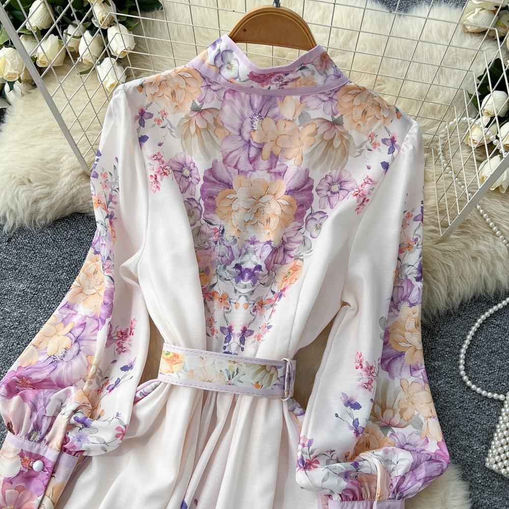 Abiti Lunghi da Festa Donna Primavera Autunno Vintage Stampa Floreale Rosa da Sfilata Manica Lunga Monopetto con Cintura