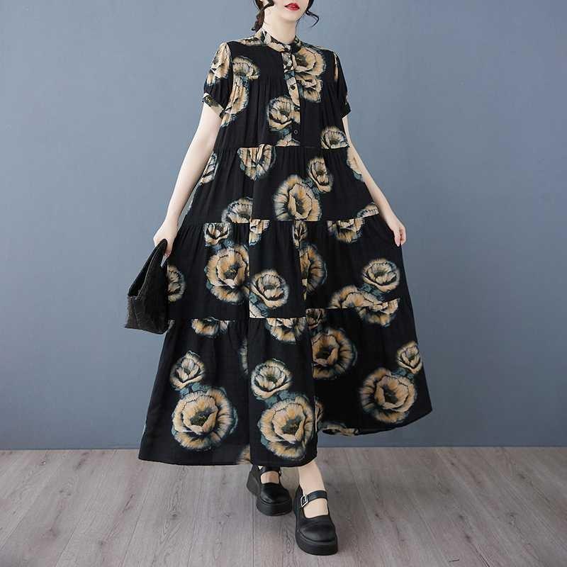 2025 Summer New Women Loose Big Size Fashion Printing Slim Long Dresses