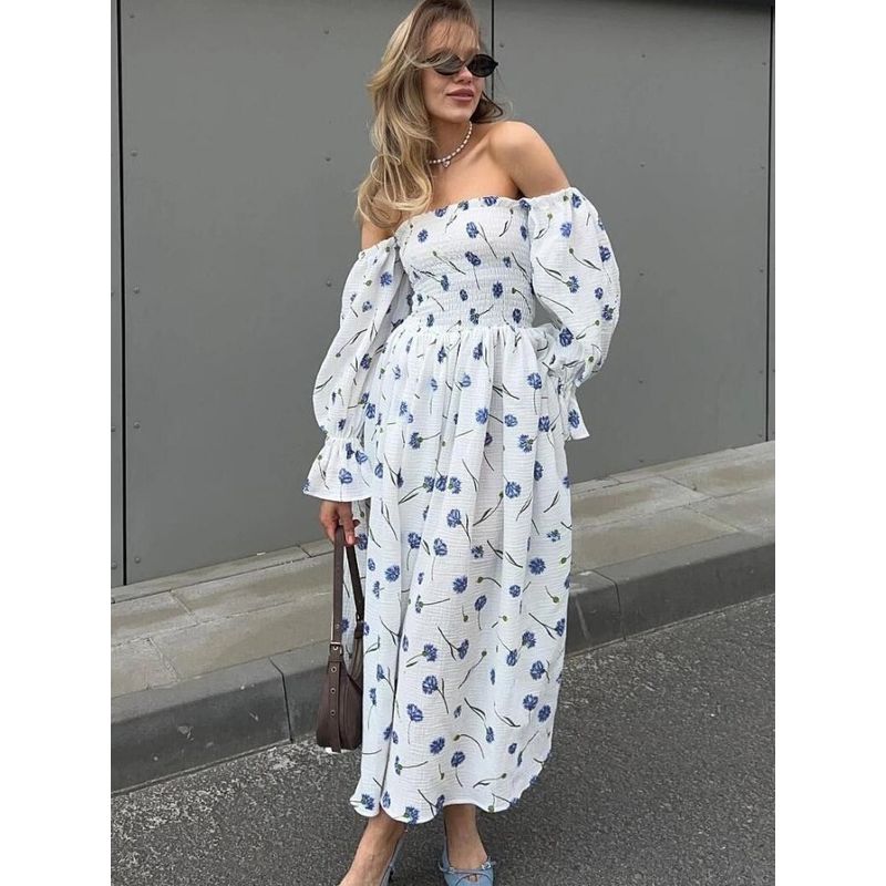 European and American-Style off-Shoulder Sexy Sexy High Waist Floral Pleat Split Lantern Sleeve Long sleeve Mid-Length Dress