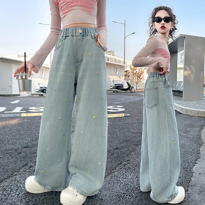 

Girls Spring 2025 Embroidered Wide Leg Jeans 150 cm джинсовий синього кольору