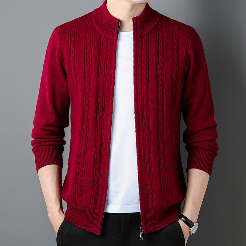 100 Pure Wool Cardigan Men's Half Turtleneck Top Middle-aged Spring and Autumn Full Wool Knitted Jacket High-end Sense