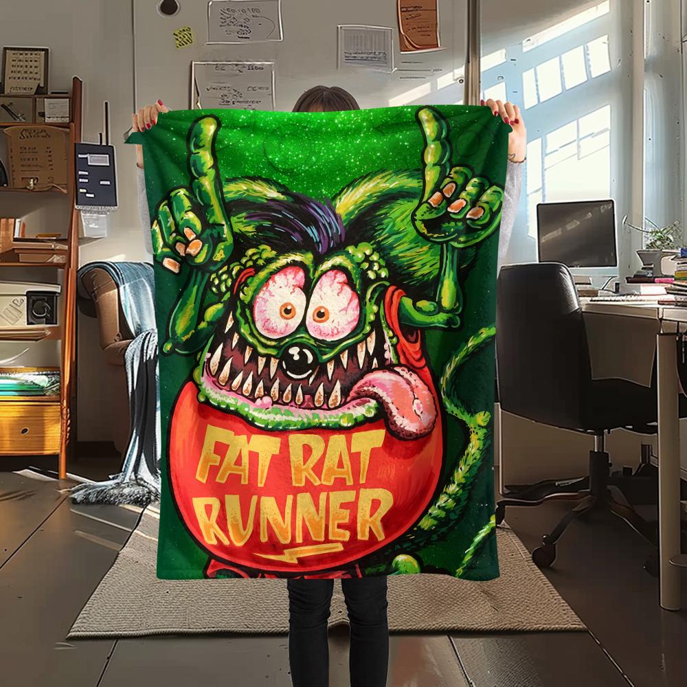 1Pc Rat Fink Print Flannel Blanket, High Quality Comfortable for All Seasons, Home Decor, Warmth and Comfort, Perfect for Christmas Gifts