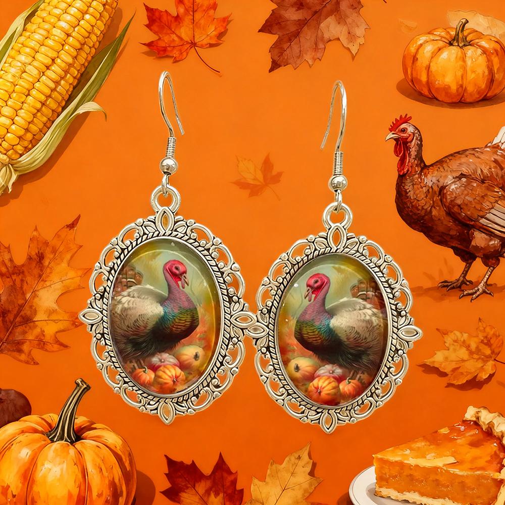 Thanksgiving Turkey Dangle Earrings For Women Cartoon Fox Oval Glass Dome Earrings Animal Jewelry Gifts