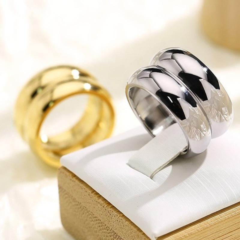 Stainless Steel Double Layer Chunky Ring for Men Women Gold Color Trendy Finger Ring Shiny Jewelry Simple Gift
