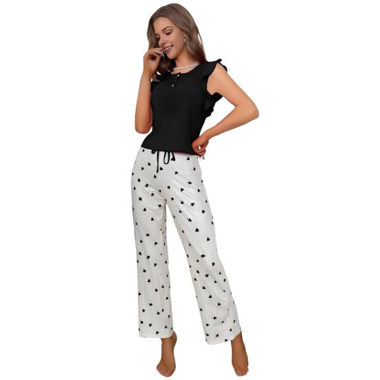 Women's Heart Print Pants Pajama Set Crewneck Ruffle Cap Sleeve And Long Pants 2 Piece Sleepwear Set Soft Lounge Pjs Set