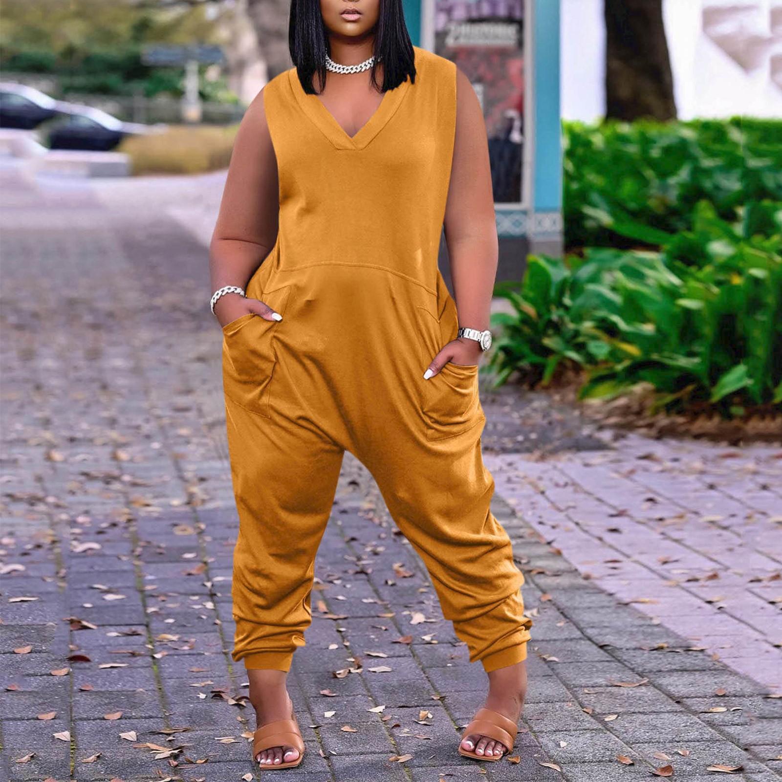 

Women s Casual Color Sleeveless Plus Size Jumpsuit With Pockets XXXL помаранчевий