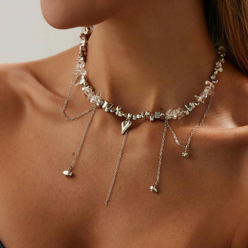 Salircon Exquisite Love Heart Tassel Pendant for Women Trendy Irregular Metal Beaded Clavicle Chain Wedding Bride Jewelry Gift