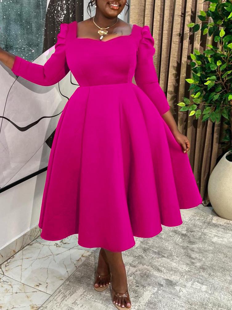 D3354 Autumn/Winter Women's Square Neck High Waist Evening Gown - Solid Color African Dress