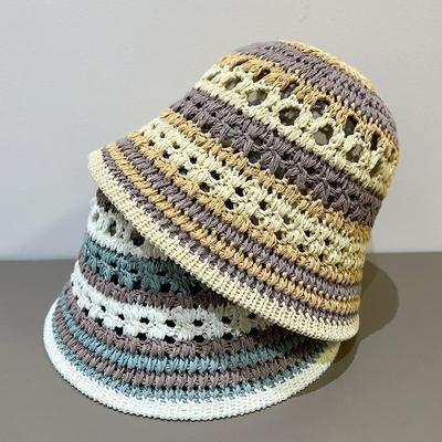 Striped Knitted Hollow Cotton Bucket Hat Women's Spring Summer New Breathable Sunshade Sunscreen Hat Basin Hat
