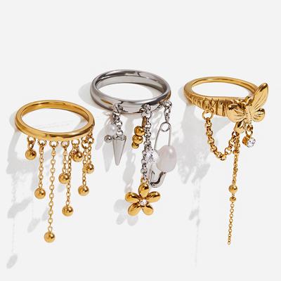 Youthway Y2K Stil Süßwasserperlen Blume Anhänger Quaste Ring Für Frauen Edelstahl Goldfarben Beschichtet Modeaccessoire