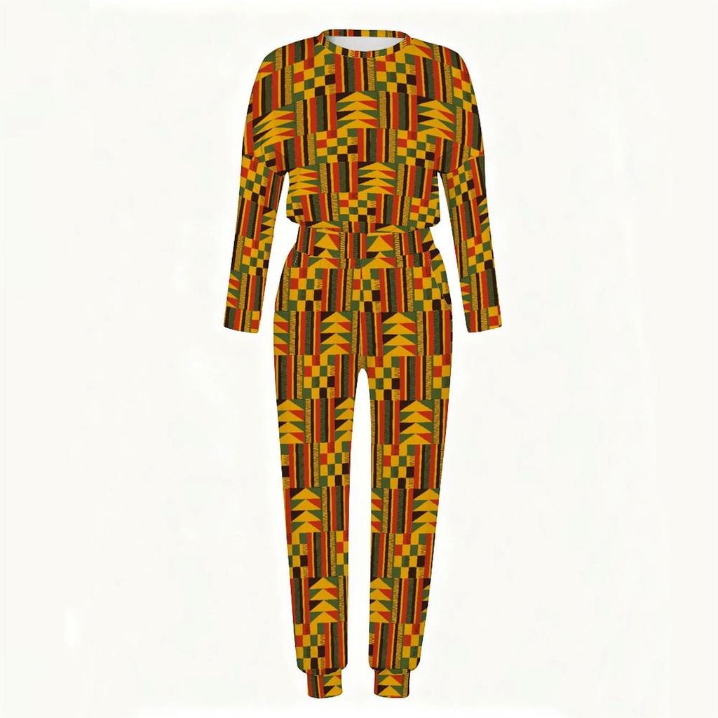 Female Round Neck Long Sleeve Top And Elastic Waist Straight Leg Trousers Two Piece Leisure Outfit