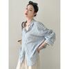 Womens Relaxed Fit Linen Cotton Striped Shirt With Collar Long Sleeve Lightweight Blouse Casual Oversized Top