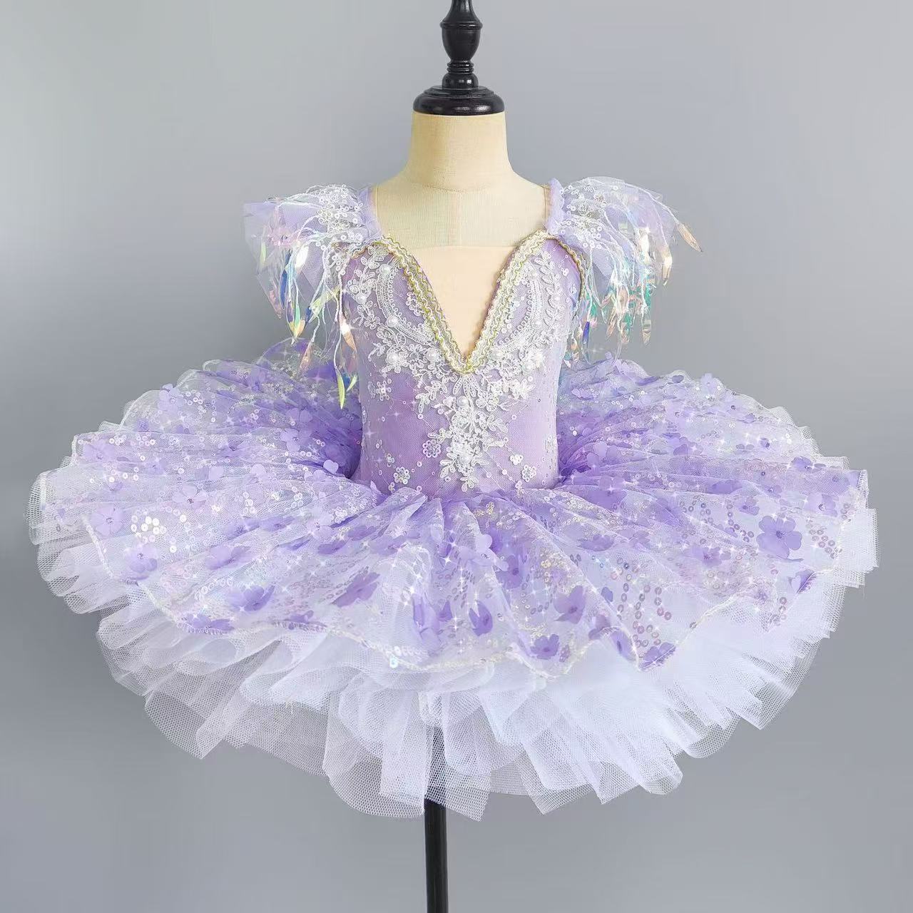 Qingpingjuan Professionele Balletjurk met Pailletten en Kwasten op de Schouder voor Meisjes Ballet Tutu Performance Kleding Ballerina Balletjurk Meisje 130 paars